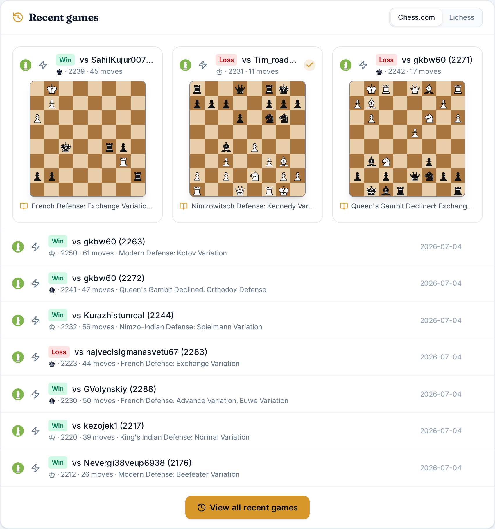 Recent Games list showing automatically imported Chess.com and Lichess games with results, opponent ratings and one-click analysis